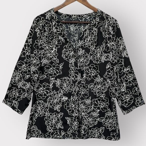Banana Republic Factory Concealed Button Up Top Women Size XL Black Floral Tunic - Picture 1 of 12